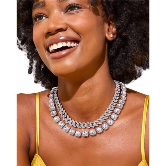 Layered Silver Diamond Cuban & Tennis Chain Set | Iced Out Hip Hop Necklace - Picture 4 of 4